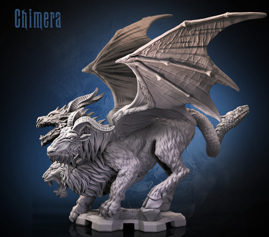Hungry Chimera Medium Monstrosity miniature with lion, dragon, and goat heads, leathery wings, serpent tail, and rocky base.