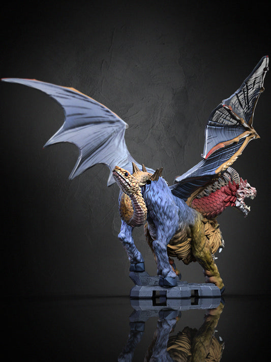 Rear dynamic view of a painted Hungry Chimera miniature showcasing scaled serpent tail and wings.