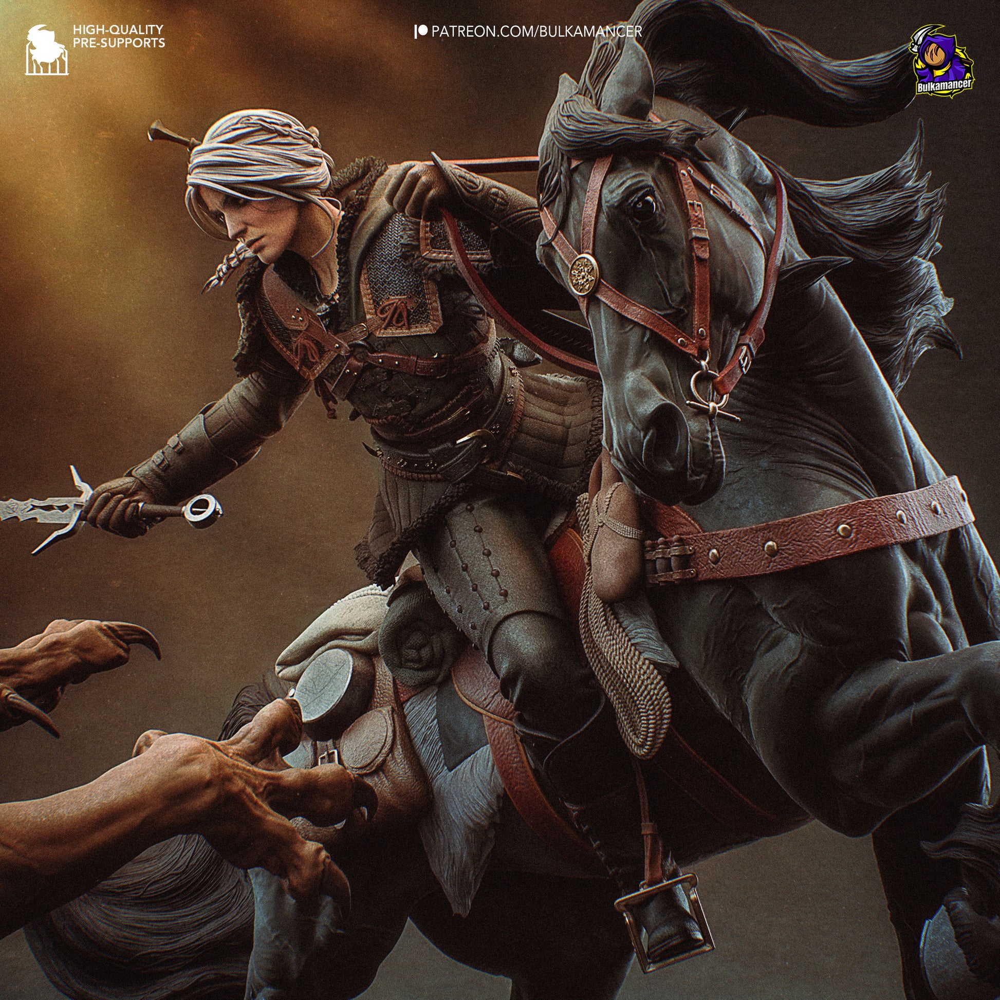 White-haired monster huntress resin fan art statue diorama battle scene | D&K Custom Prints