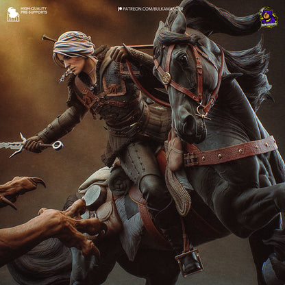 White-haired monster huntress resin fan art statue diorama battle scene | D&K Custom Prints