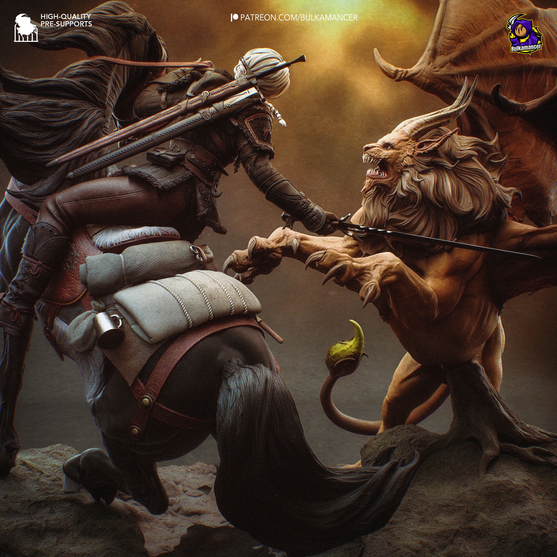 White-haired monster huntress resin fan art statue diorama battle scene | D&K Custom Prints