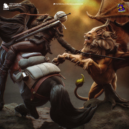 White-haired monster huntress resin fan art statue diorama battle scene | D&K Custom Prints