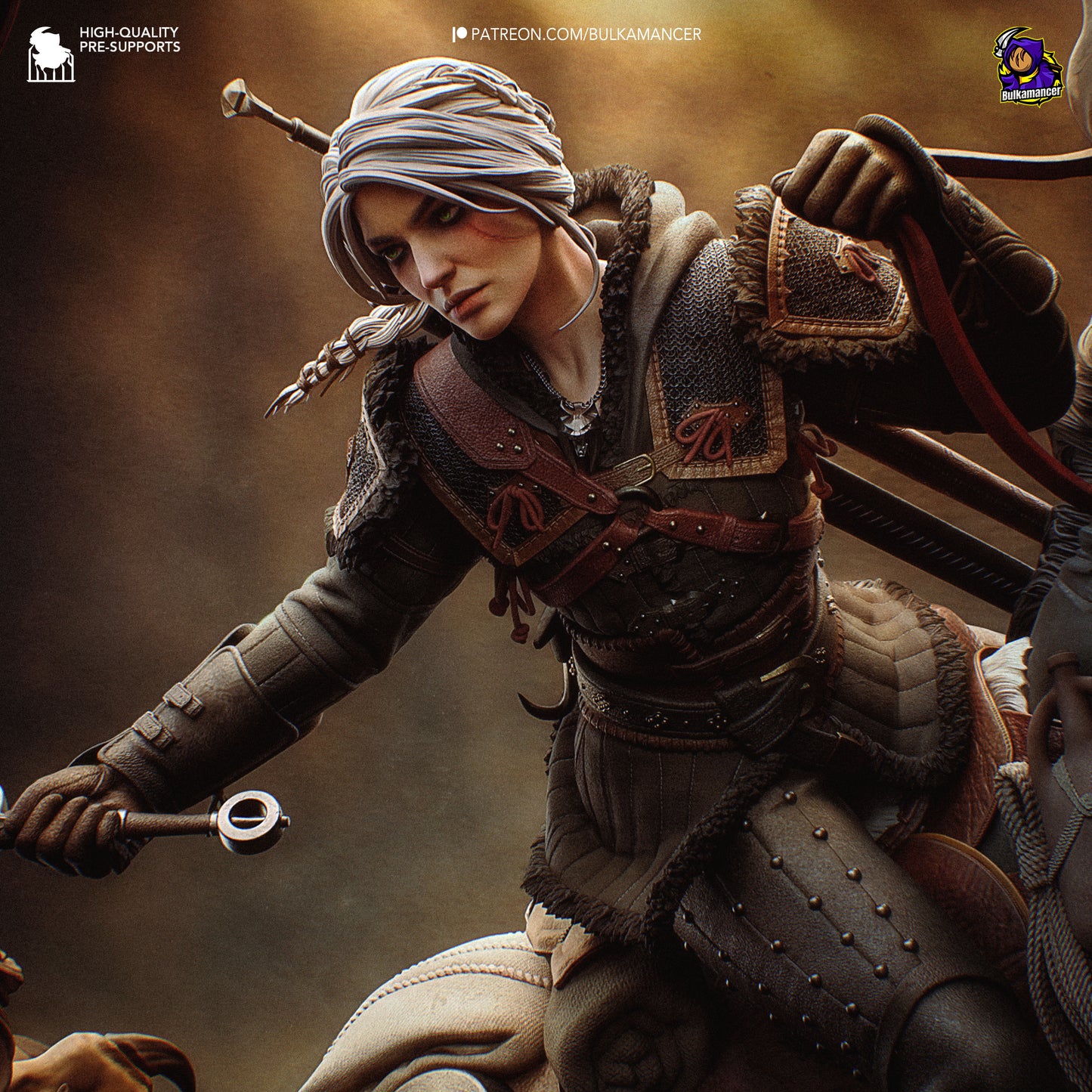 White-haired monster huntress resin fan art statue diorama battle scene | D&K Custom Prints