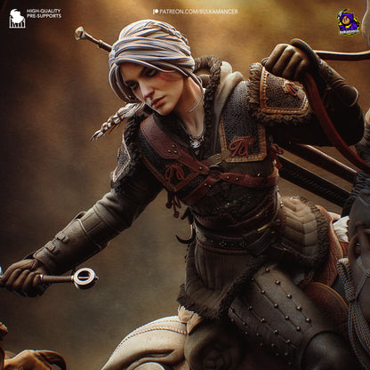 White-haired monster huntress resin fan art statue diorama battle scene | D&K Custom Prints