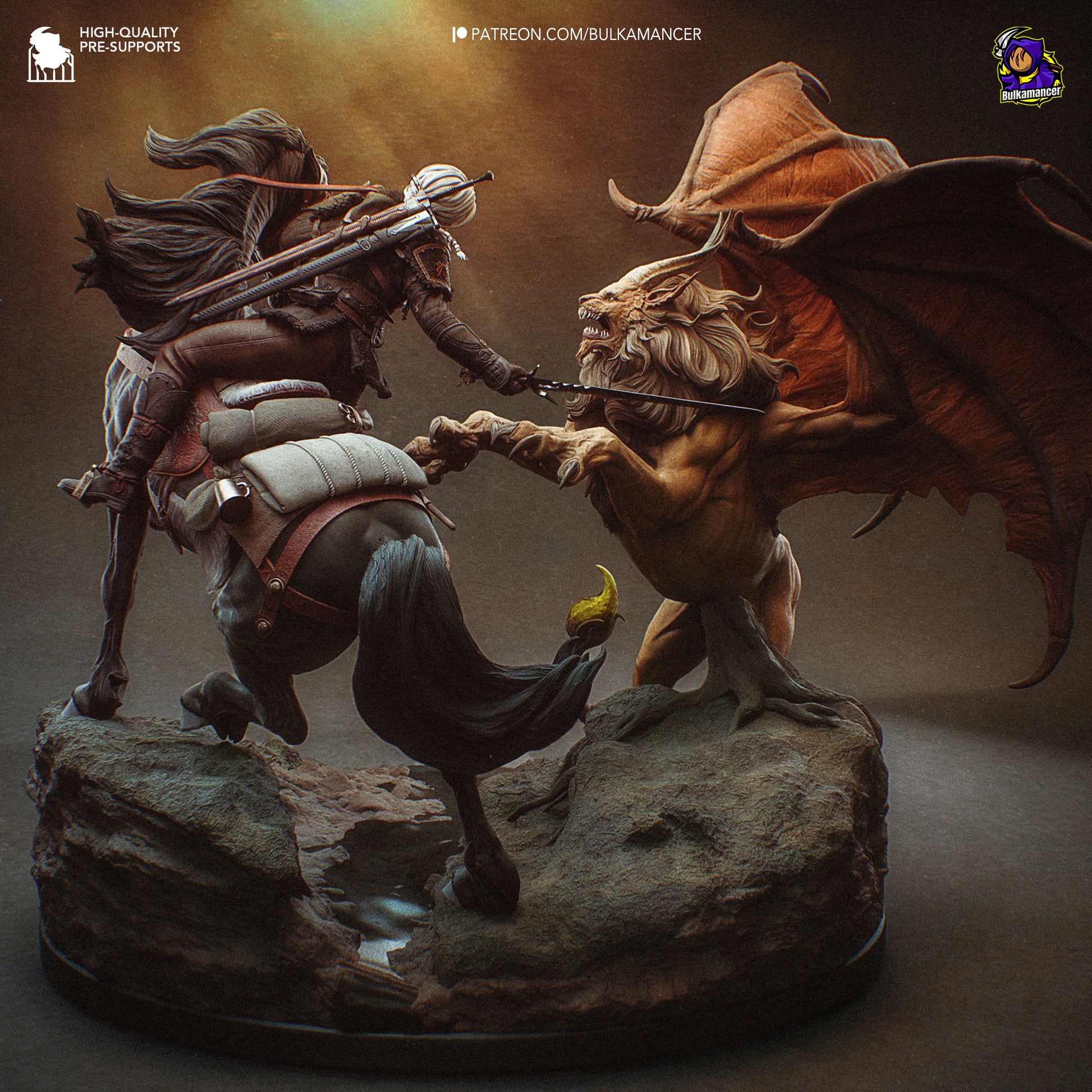 White-haired monster huntress resin fan art statue diorama battle scene | D&K Custom Prints