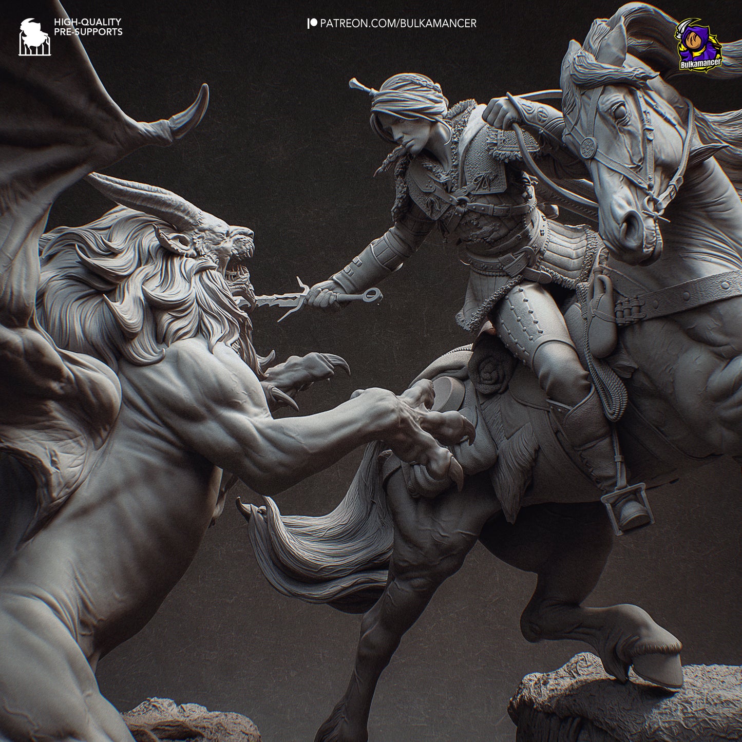 White-haired monster huntress resin fan art statue diorama battle scene | D&K Custom Prints