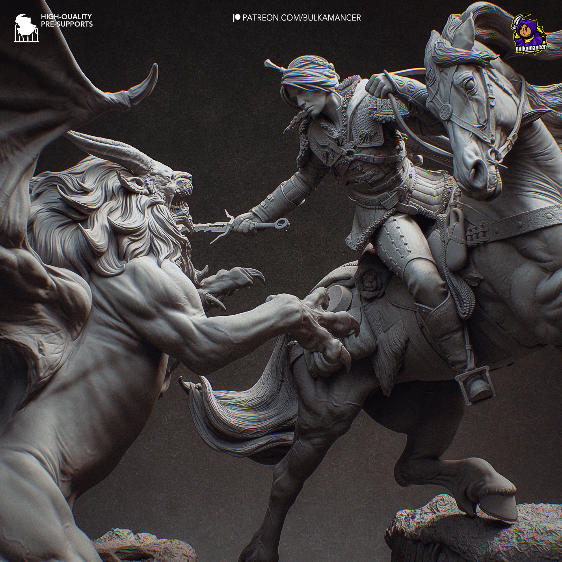 White-haired monster huntress resin fan art statue diorama battle scene | D&K Custom Prints