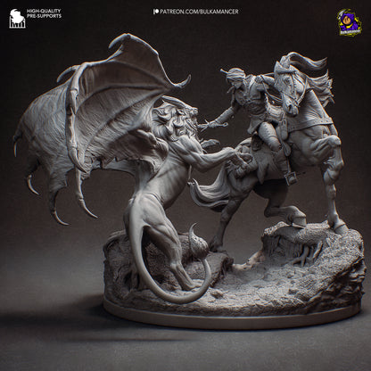 White-haired monster huntress resin fan art statue diorama battle scene | D&K Custom Prints