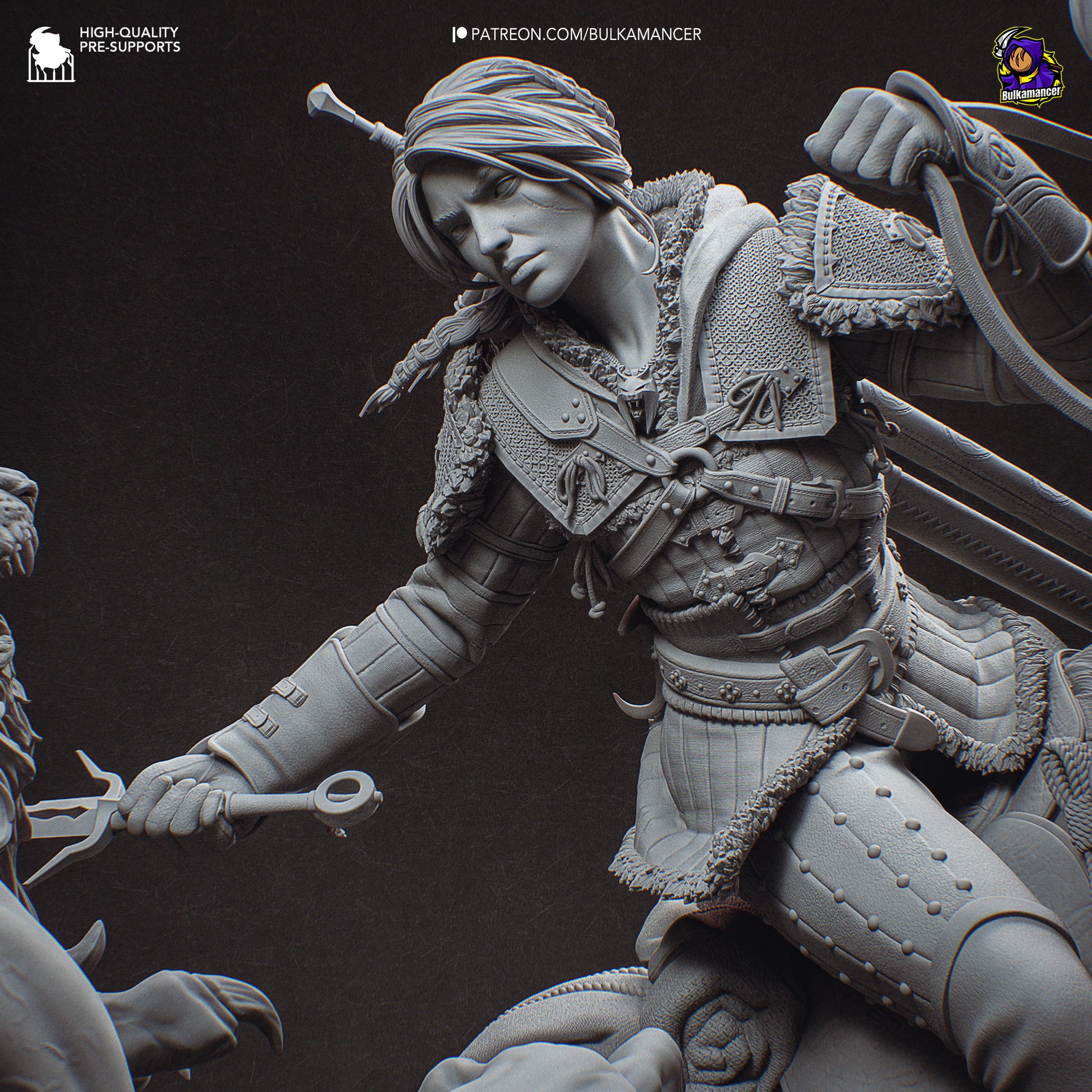 White-haired monster huntress resin fan art statue diorama battle scene | D&K Custom Prints