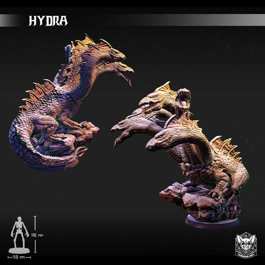 Side and angle render views showing the multi-headed Hydra beast miniature by Dungeon Dog.