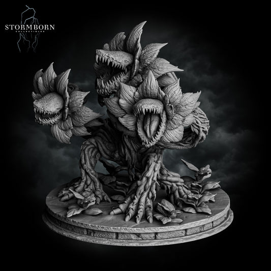 Front left angle of the Gargantuan Hydra Bloom resin miniature highlighting the open maw interior and thick root leg stance by Stormborn Collectibles.