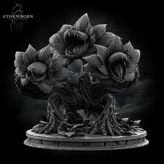 Hero front view of the Gargantuan Hydra Bloom resin miniature showcasing three tooth-filled flower heads and root limbs on a 130mm base by Stormborn Collectibles.