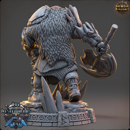 Rear view of Icebjörn Horgast highlighting his layered furs, equipment, and scenic base.