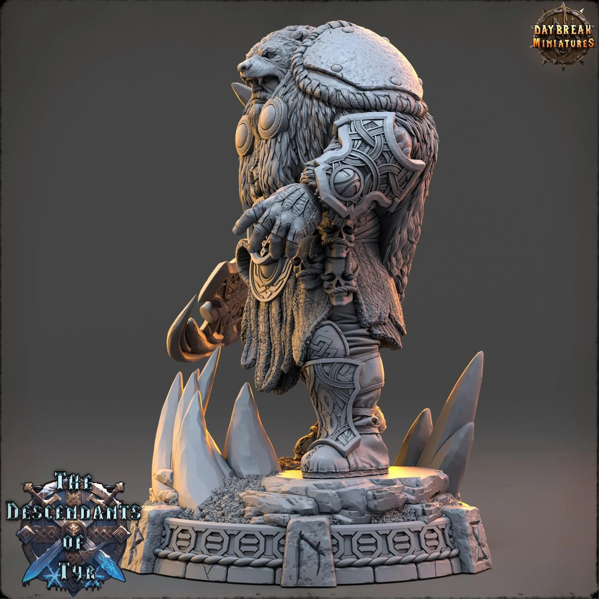 Side view of Icebjörn Horgast showing his fur mantle, armor, axe, and scenic base.