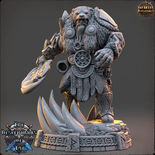 Icebjörn Horgast Human Barbarian holding a large axe while wearing heavy furs and rugged armor.