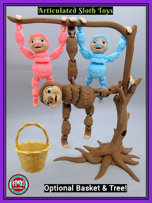 Flexi Sloth and Baby Sloth Toy and Tree and Basket Fidget Sensory Articulated Play Set