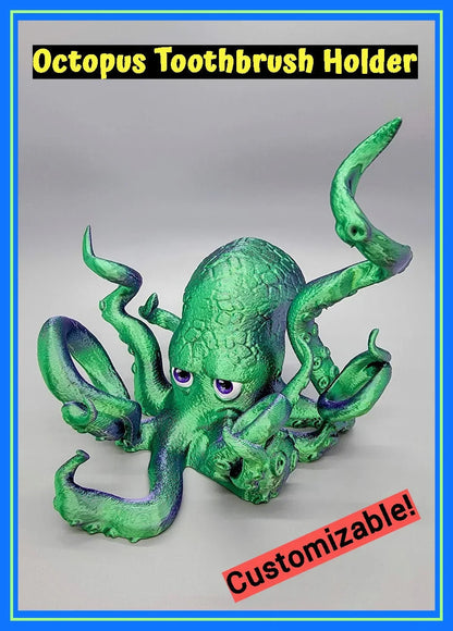 Green 3D printed octopus toothbrush holder with expressive eyes and customizable arm positions, ideal for fun bathroom decor.