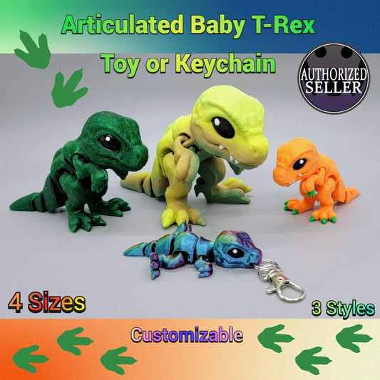 Articulated Baby T-Rex toys in four sizes and three styles, available as toys or keychains; fully customizable and shown in vibrant multicolor options.