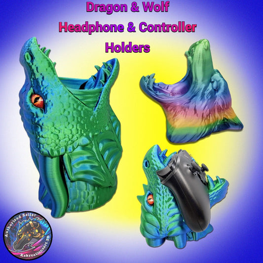 Custom Dragon & Wolf Headphone | Game Control Holder - Desk - Office - Furniture - Decor