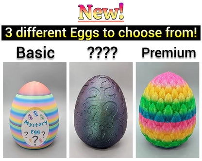 Three types of 3D printed mystery eggs – Basic striped egg, hidden mystery egg with question marks, and Premium textured rainbow egg.