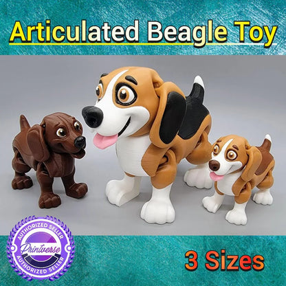 Articulated Beagle dog toy in three sizes, shown in multicolor options including classic brown-and-white and solid chocolate, with expressive eyes and poseable limbs.