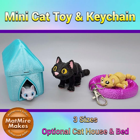 Articulated Mini Cat Toy – 3D Printed Fidget Pet with Optional Bed or House, Custom Colors
