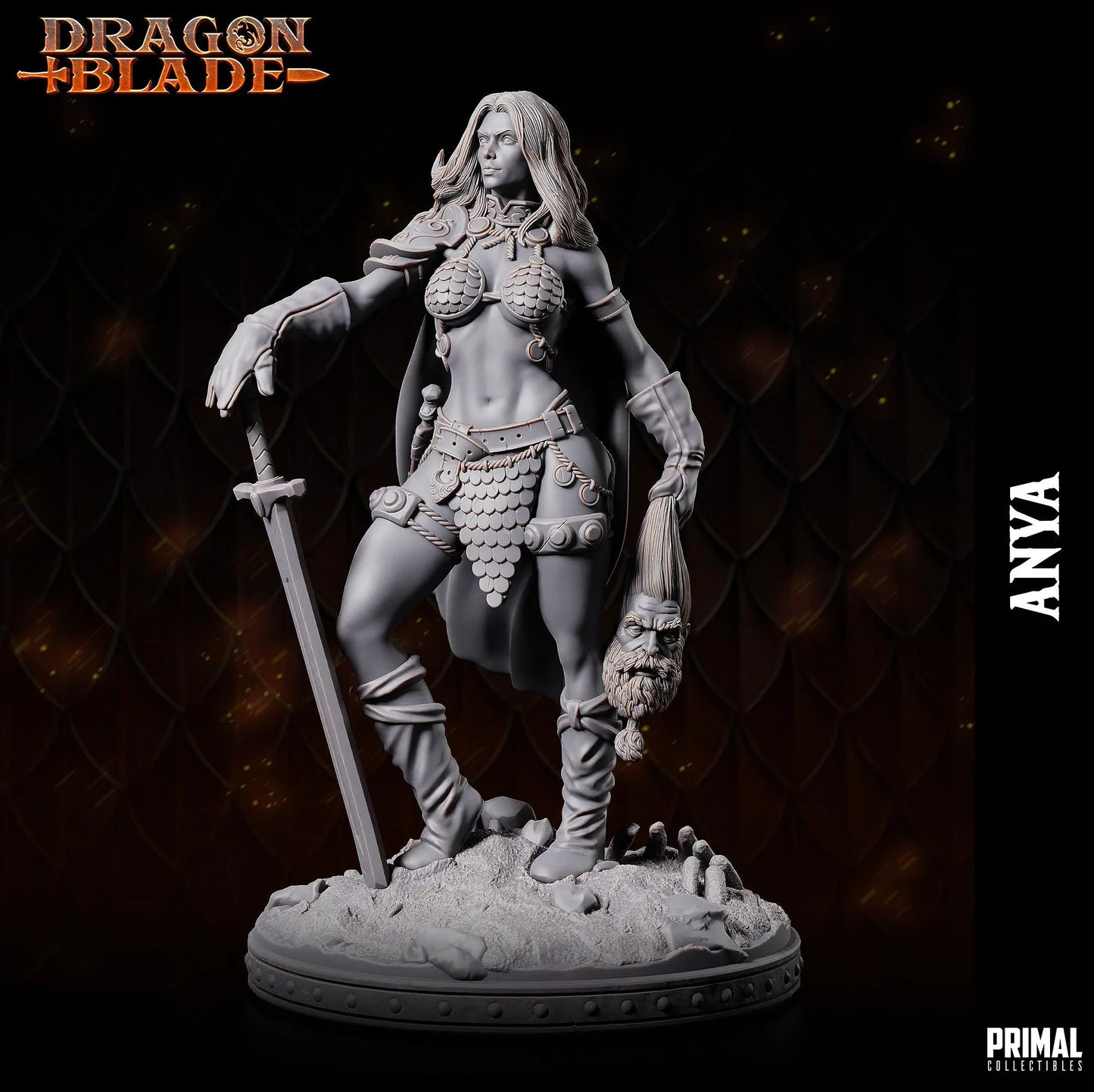 Anya the Barbarian – 3D printed fantasy female warrior miniature holding sword and severed head