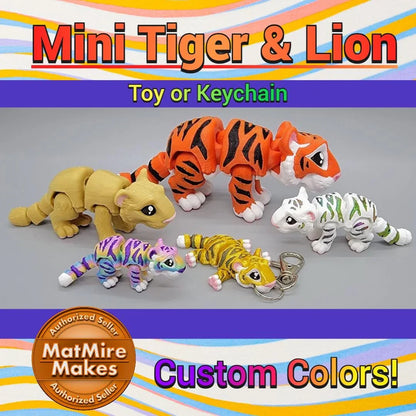 Mini articulated tiger and lion toys in various colors, available as figures or keychains with customizable options.