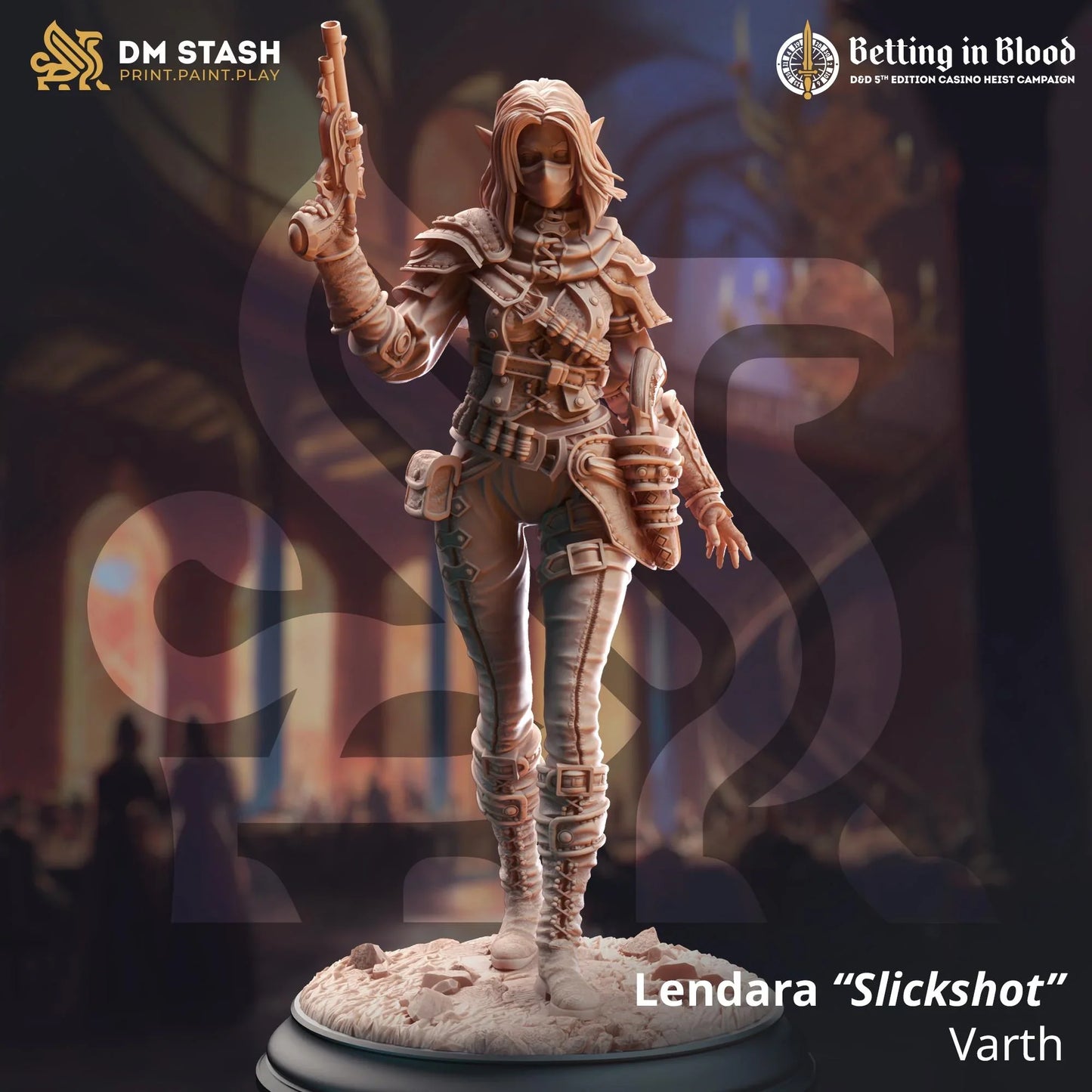 Lendara “Slickshot” Varth – 3D printed elven rogue gunslinger miniature with pistol and detailed armor