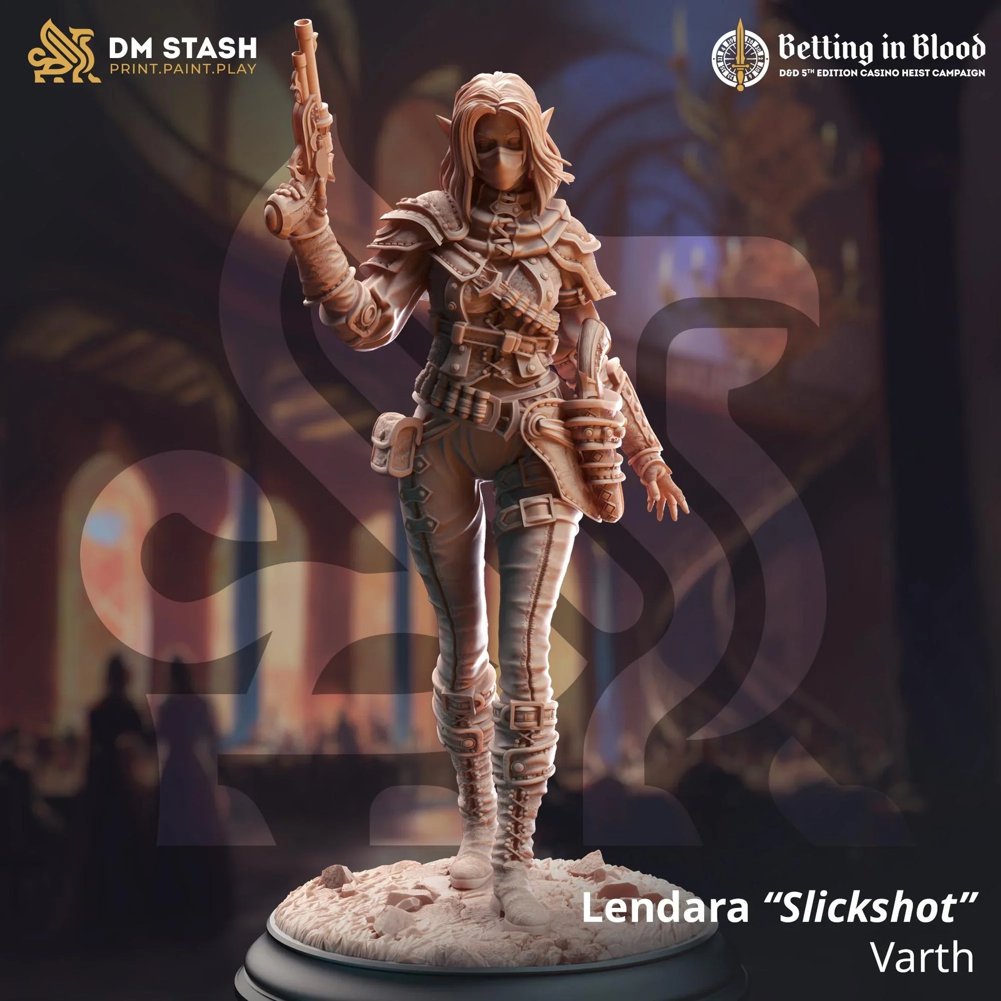 Lendara “Slickshot” Varth – 3D printed elven rogue gunslinger miniature with pistol and detailed armor