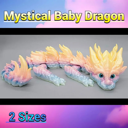 Pastel rainbow articulated baby dragon toy with large eyes and flowing mane, available in two sizes.