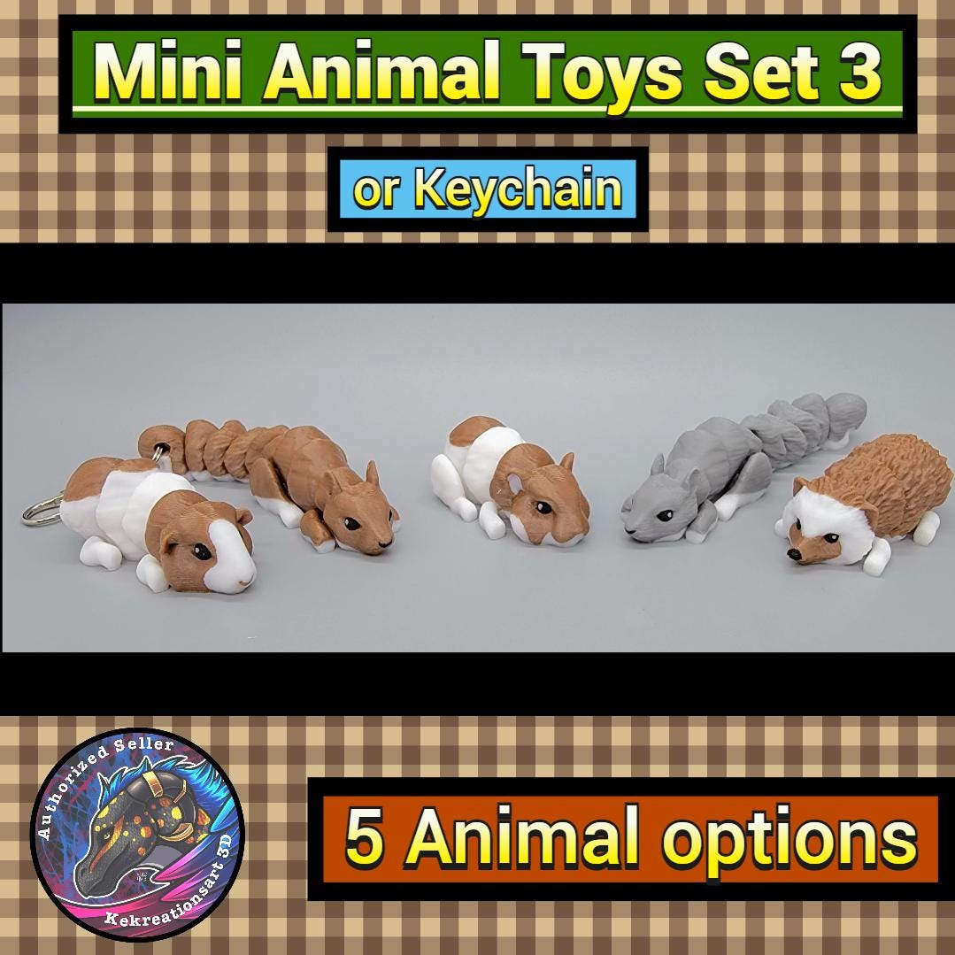 Mini Animal Toy or Keychain Set 3 | Sensory | Fidget | Squirrel | Hamster | Guinea Pig | Hedgehog