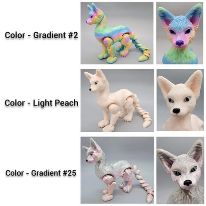 Articulated Cat Dragon toys shown in three color options – Gradient #2 (rainbow), Light Peach, and Gradient #25 (pastel silver-pink), 3D printed fantasy figurines with close-up face details.