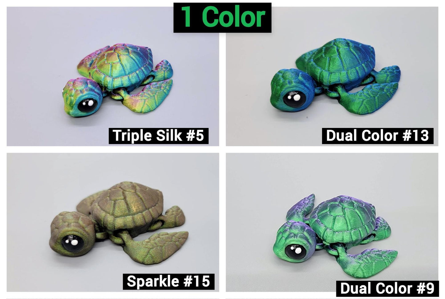 Four baby sea turtle toys in different filament options – Triple Silk #5, Dual Color #13, Sparkle #15, and Dual Color #9 – 3D printed and customizable.