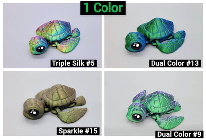 Four baby sea turtle toys in different filament options – Triple Silk #5, Dual Color #13, Sparkle #15, and Dual Color #9 – 3D printed and customizable.