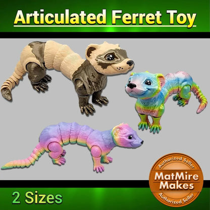 Articulated ferret toys in rainbow and natural colors, available in two sizes. MatMire Makes authorized design.