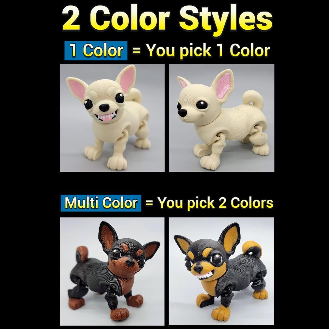 3D Printed Articulated Chihuahua Toy – Custom Faces & Colors in 2 Sizes