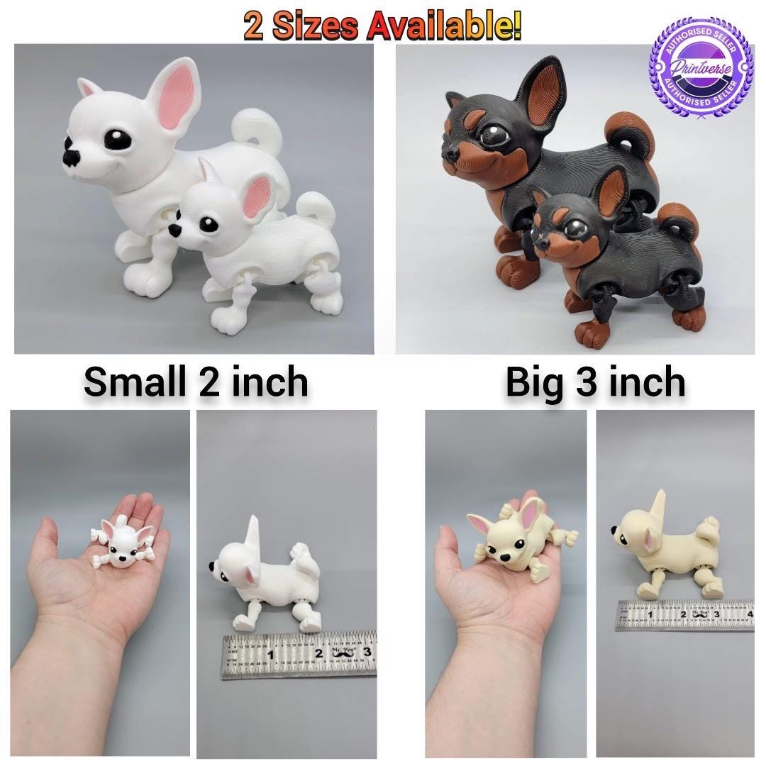 3D Printed Articulated Chihuahua Toy – Custom Faces & Colors in 2 Sizes