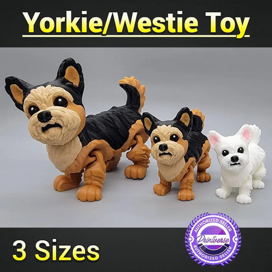 Articulated Yorkie and Westie dog toys shown in black-tan and white colorways. Available in 3 sizes. Printverse authorized seller badge included.