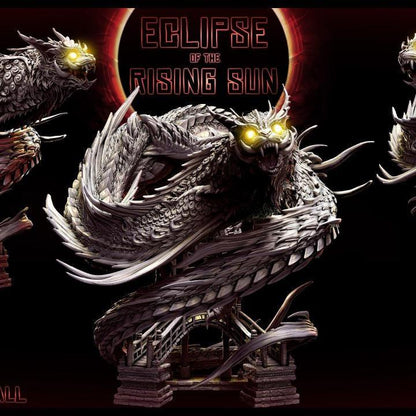 Massive serpentine dragon with glowing eyes coils around a pagoda structure. "Eclipse of the Rising Sun" theme. Fantasy display model.