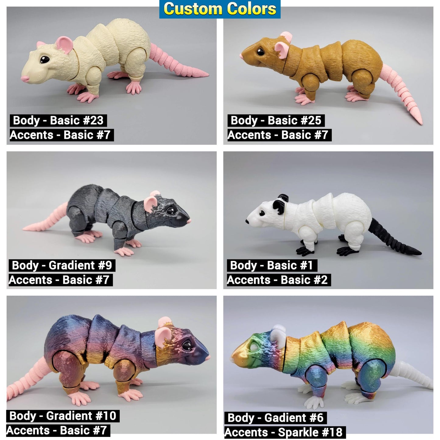 Articulated Rat Toy – 3D Printed, Custom Colors or Pet Match