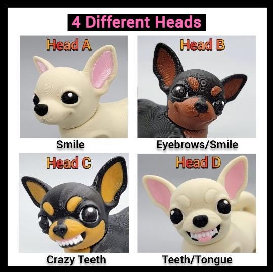 3D Printed Articulated Chihuahua Toy – Custom Faces & Colors in 2 Sizes