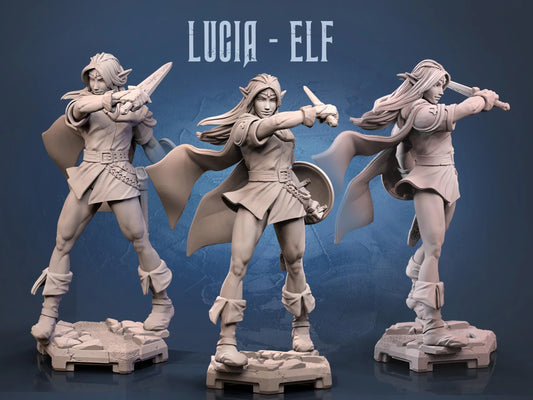 Lucia the Elf – 3D printed fantasy miniature with dual blades and flowing cape