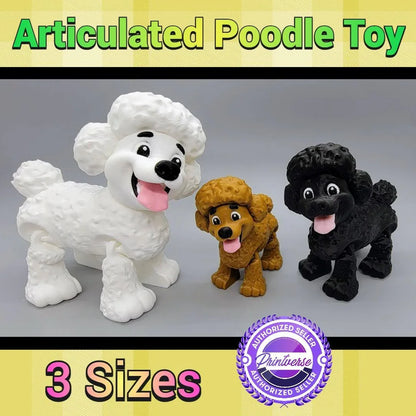 Three articulated poodle toys in white, brown, and black colors, displayed in small, medium, and large sizes. Printverse authorized seller badge shown.