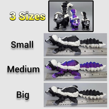 Articulated skunk toys shown in three sizes – small, medium, and big – with ruler for scale, including black-white and purple color variants.