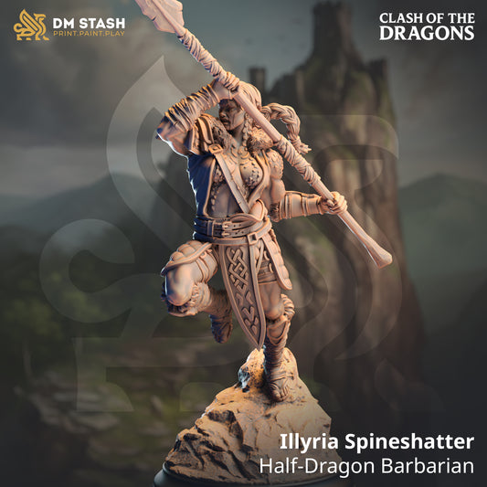 Front render view of the unpainted resin Illyria Spineshatter Half-Dragon Female Barbarian miniature leaping with a raised spear.