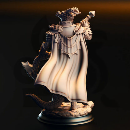 Rear render view of the Ilvias the Reaper Silver Dragonkin Warlock miniature showing the flowing layered cape, spiky shoulder pauldrons, and heavy dragon tail.