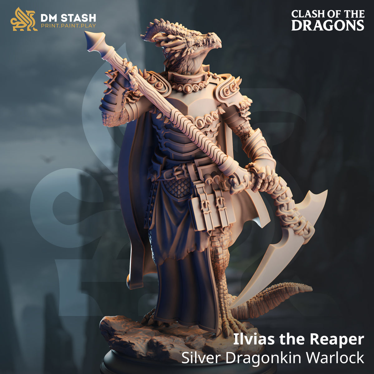Front render view of the unpainted resin Ilvias the Reaper Silver Dragonkin Warlock miniature holding a large scythe on a 25mm base.