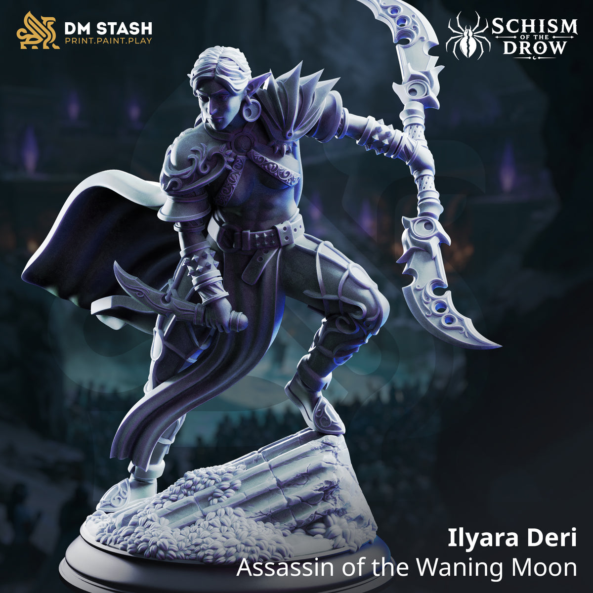 Ilyara Deri Drow rogue miniature leaping across a ruined stone base with a double-ended crescent weapon and curved off-hand blade