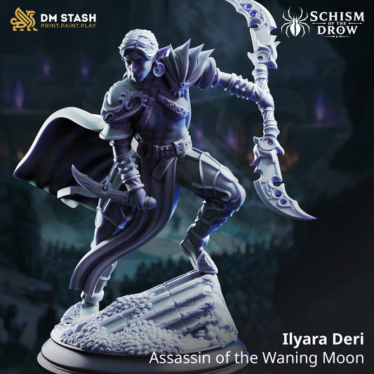 Ilyara Deri Drow rogue miniature leaping across a ruined stone base with a double-ended crescent weapon and curved off-hand blade